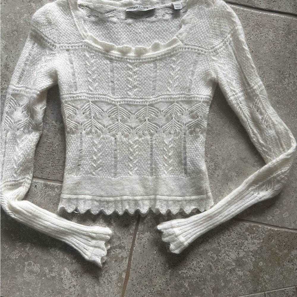 AllSaints Vanessa Scalloped Scoop Neck Knit Top Chalk